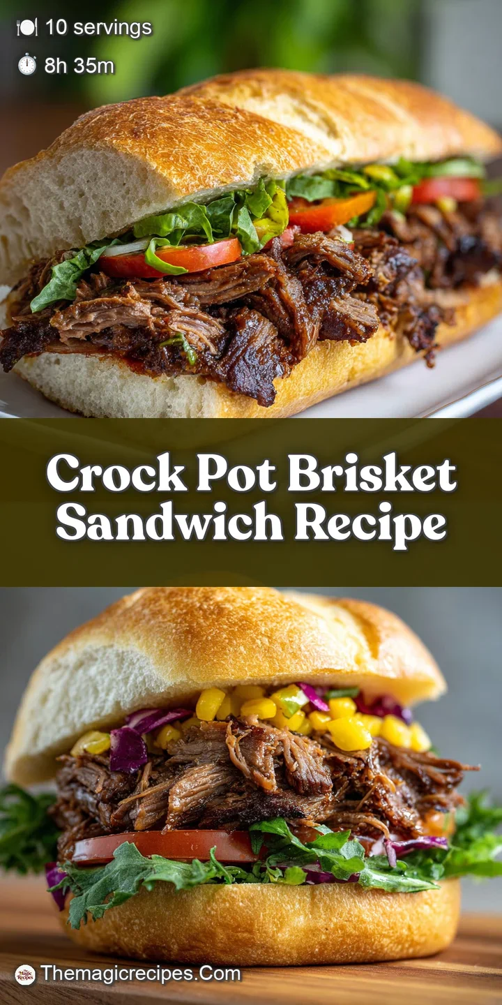 Mouthwatering close-up of a crockpot brisket sandwich; tender, dark beef glistening with sauce peeks from a toasted bun, b...