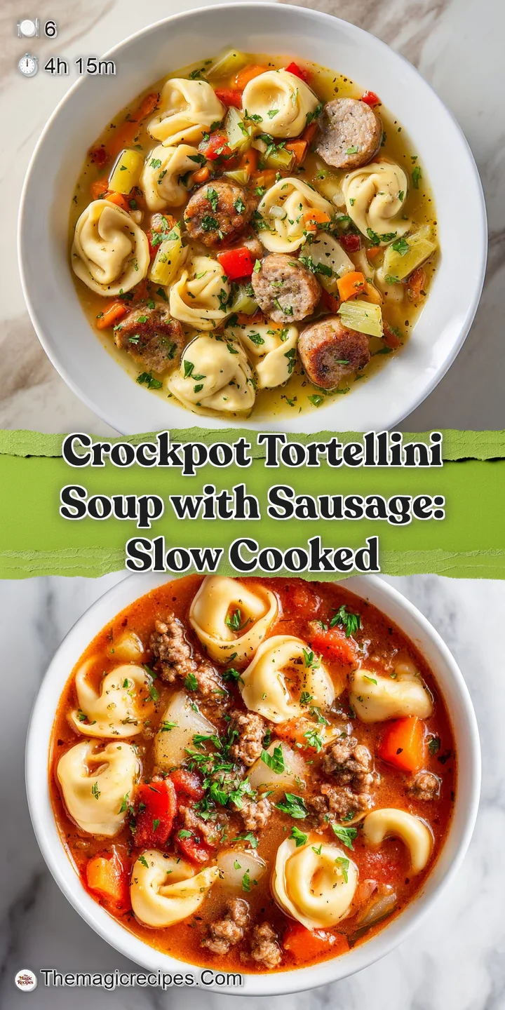 Close-up of plump tortellini and savory sausage in a creamy tomato broth, dotted with bright green spinach. Steam gently r...