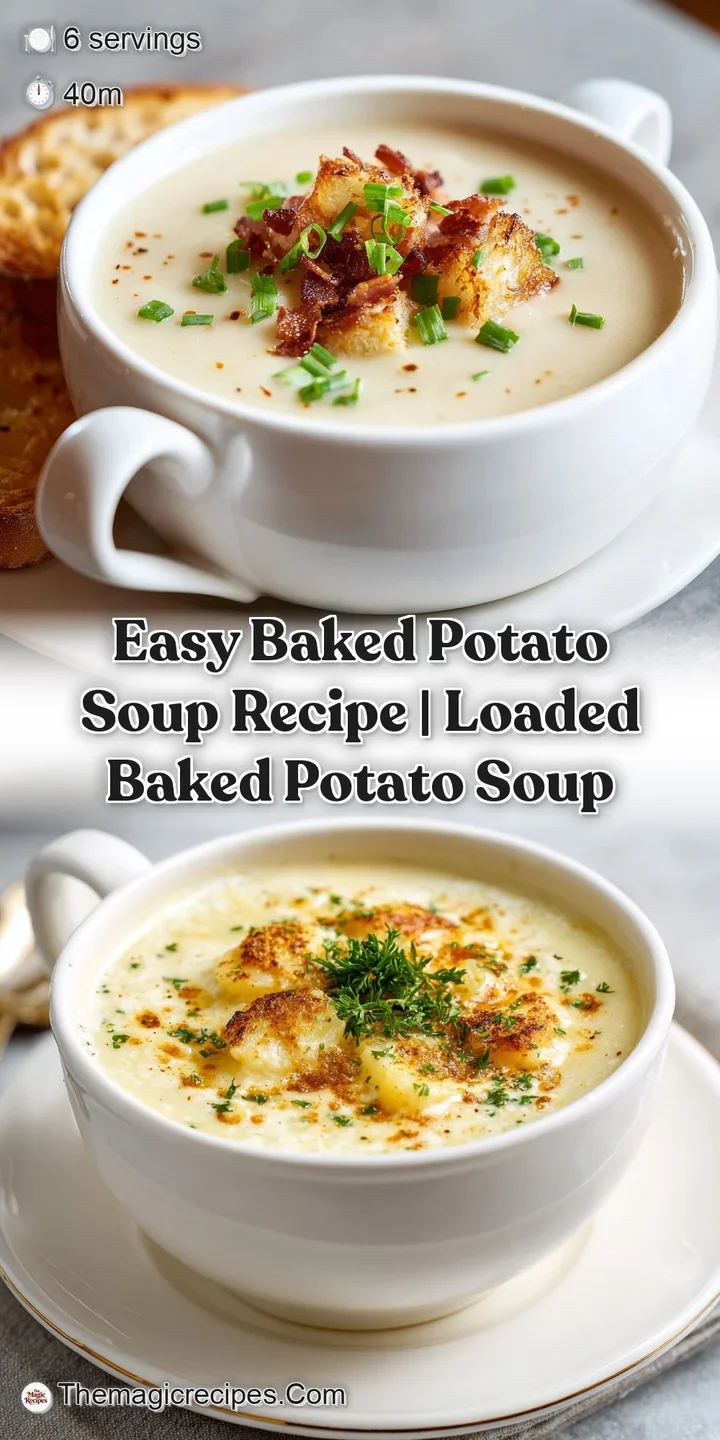 Close-up of warm baked potato soup with melted cheese, smoky bacon & fresh chives creating an inviting texture.