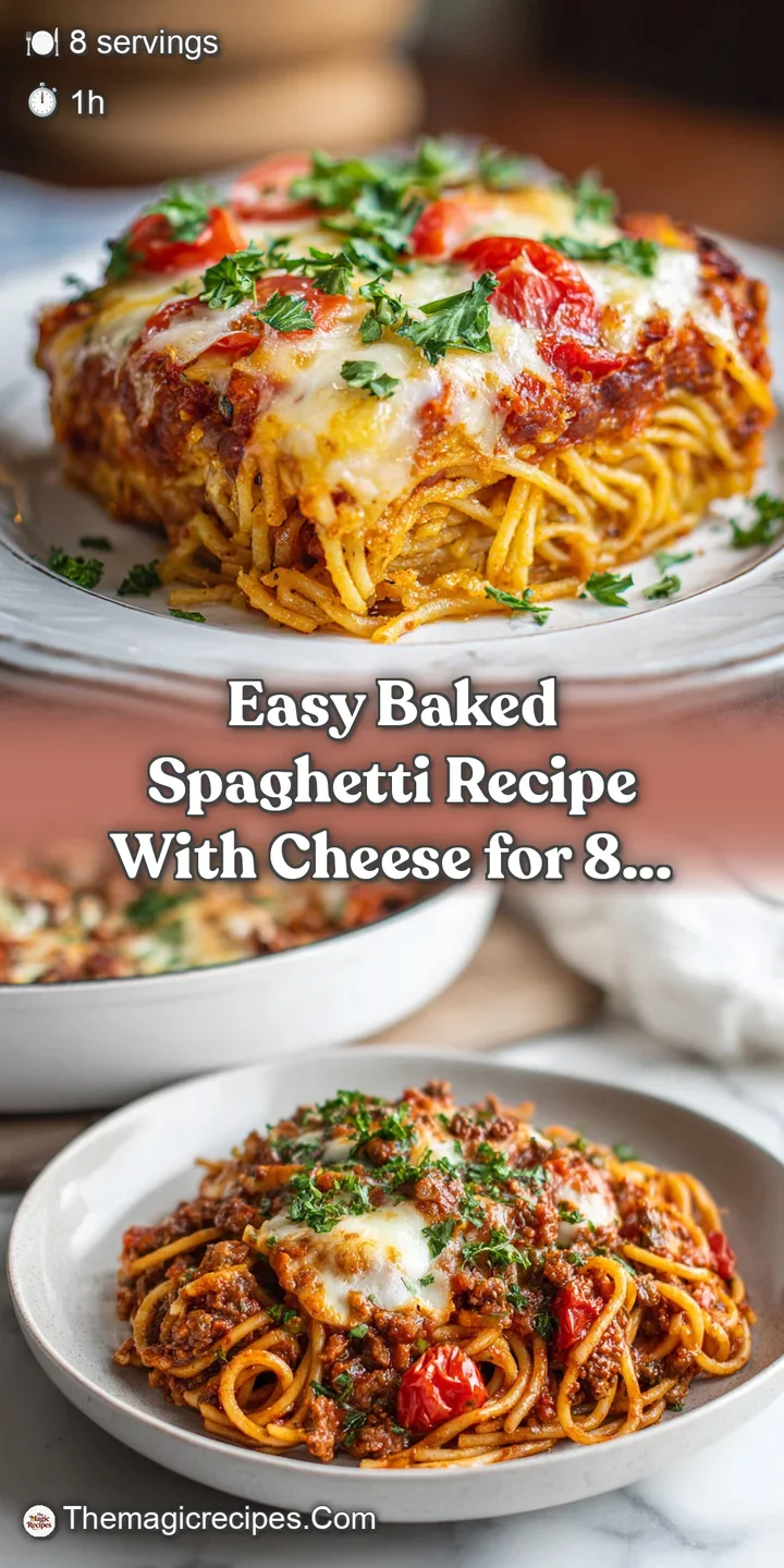 Close-up of cheesy baked spaghetti, golden brown and bubbly. Rich tomato sauce and creamy ricotta create an inviting textu...