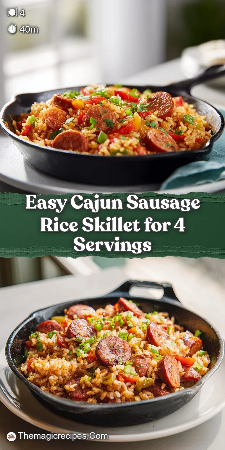 Appetizing close-up shows the texture of the fluffy rice, browned sausage, and tender veggies mingling in a rich, reddish-...