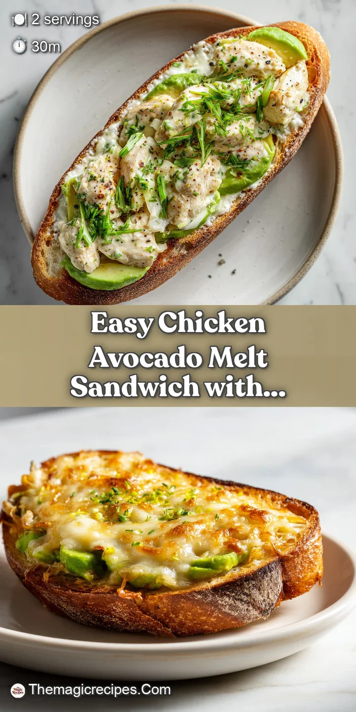 Close-up of a chicken avocado melt showcasing toasted bread, creamy avocado, melted cheese, and juicy chicken filling.