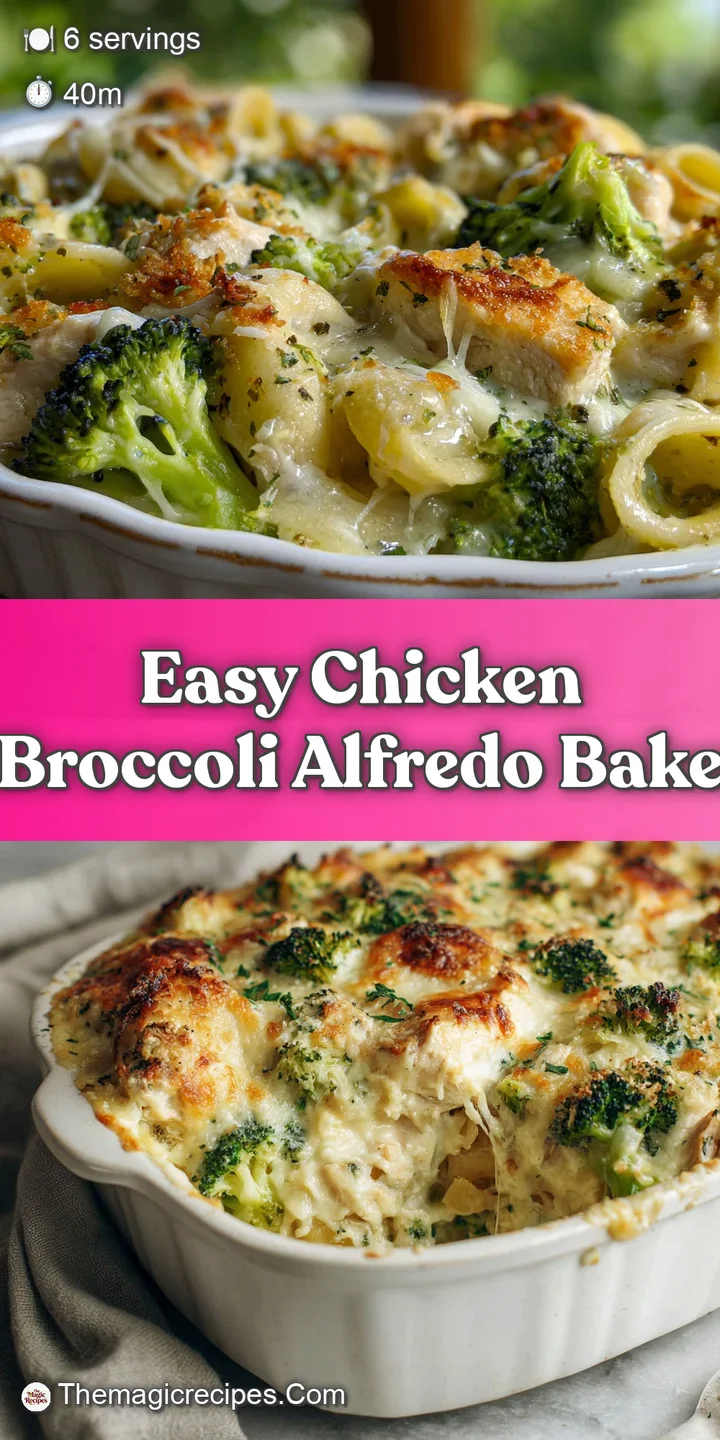 Close-up of a steaming chicken and broccoli alfredo bake. Bubbling cheese crust hints at a rich, satisfying meal.