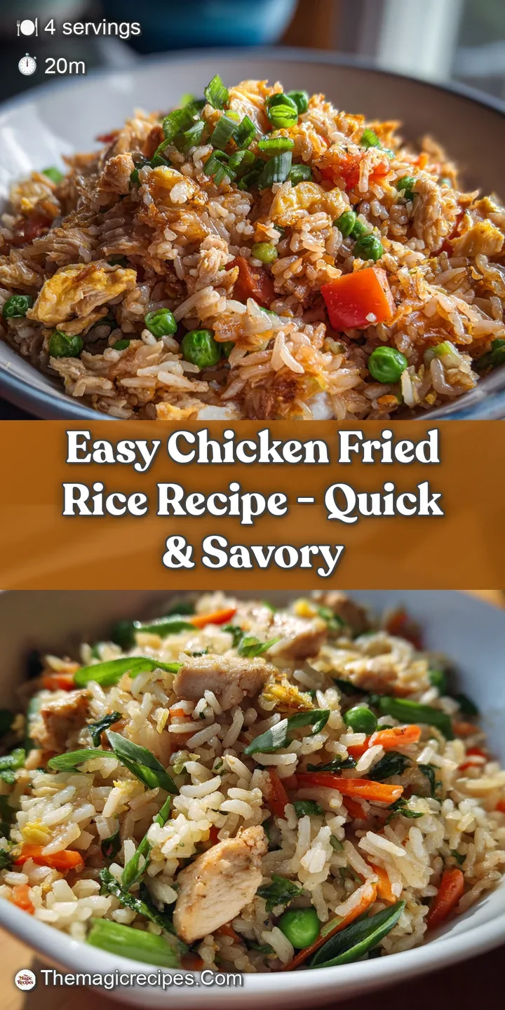 Appetizing close-up of chicken fried rice. Focus on texture: plump rice, crisp vegetables, and savory chicken bits.