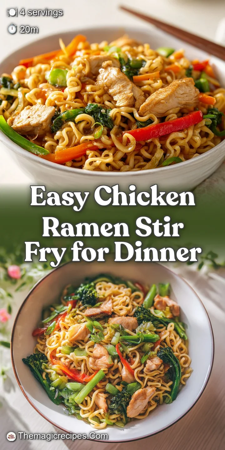 Close-up reveals the steaming chicken ramen stir fry, showcasing glossy noodles, savory chicken, and tender vegetables.