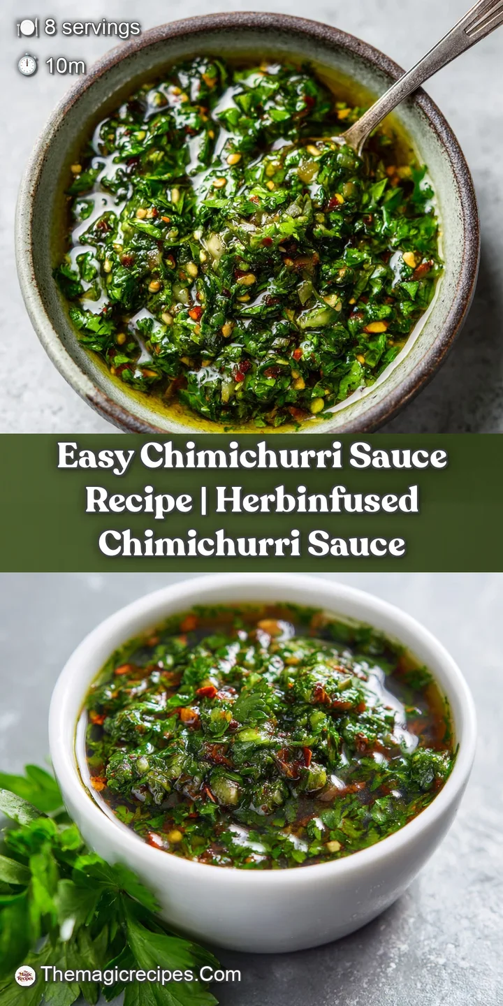 Close-up of chunky, verdant chimichurri sauce with visible flecks of garlic and parsley, glistening in natural light.