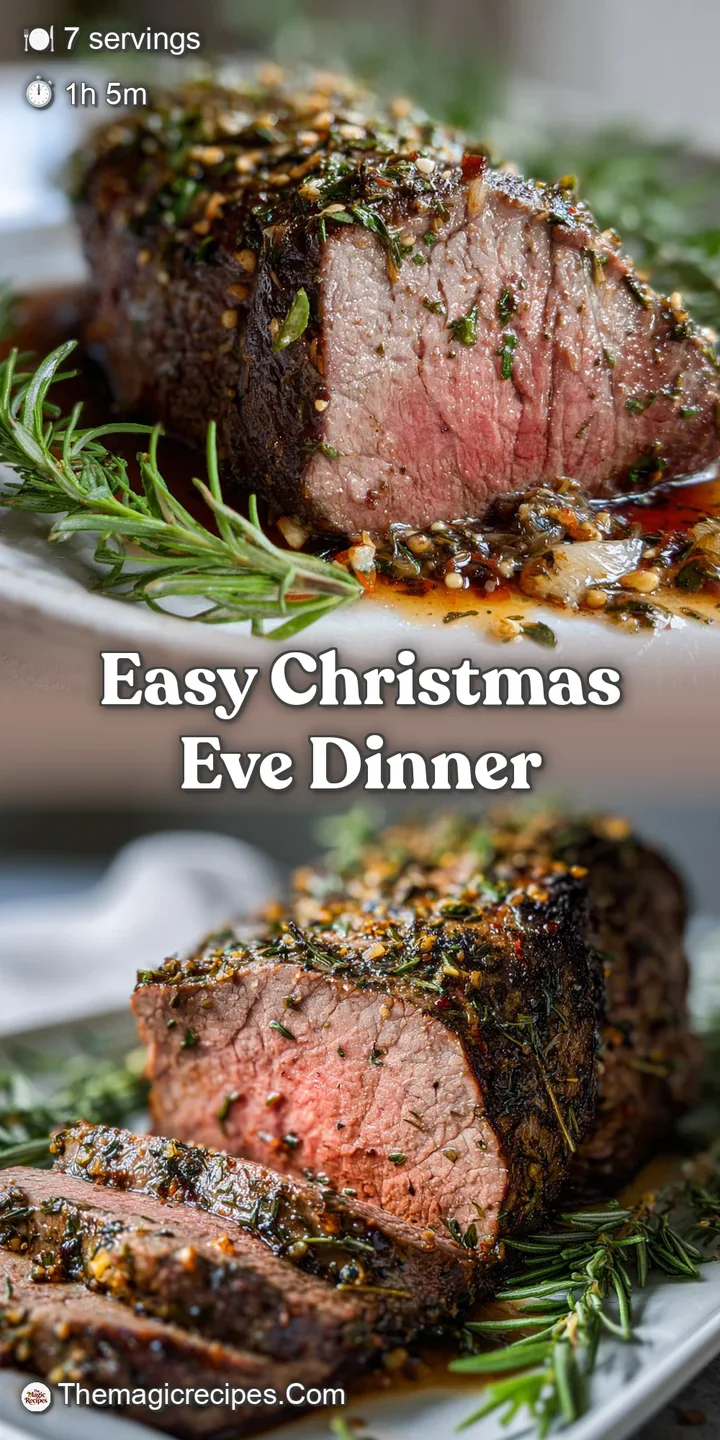 Close-up of tender, juicy slices of herb-roasted beef, revealing a perfectly cooked center and a crispy, flavorful crust f...