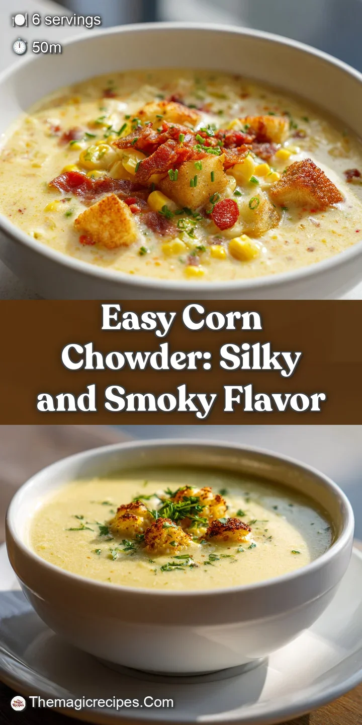 Appetizing close-up reveals the rich texture of the corn chowder, highlighted by the contrasting colors of herbs and bacon.