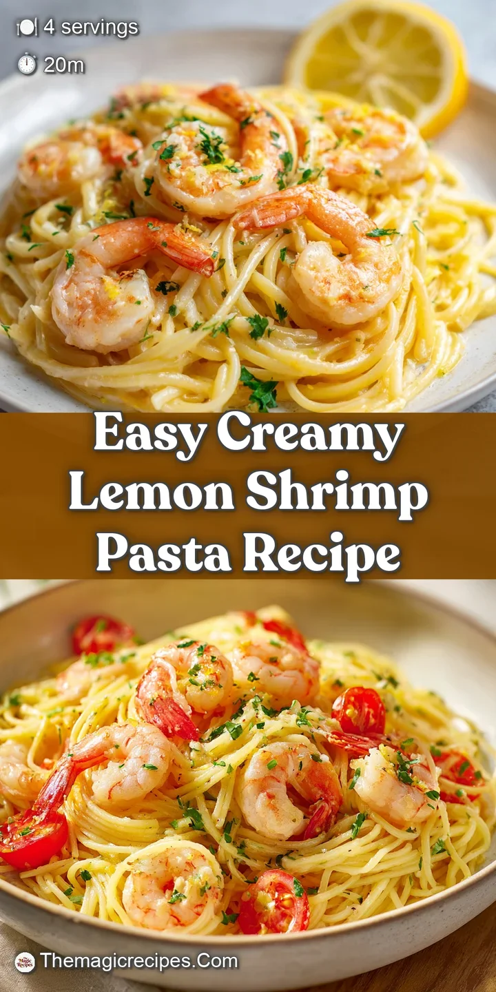 Close-up of juicy shrimp coated in a rich, creamy lemon sauce, nestled within perfectly cooked pasta. Fresh herbs add a bu...