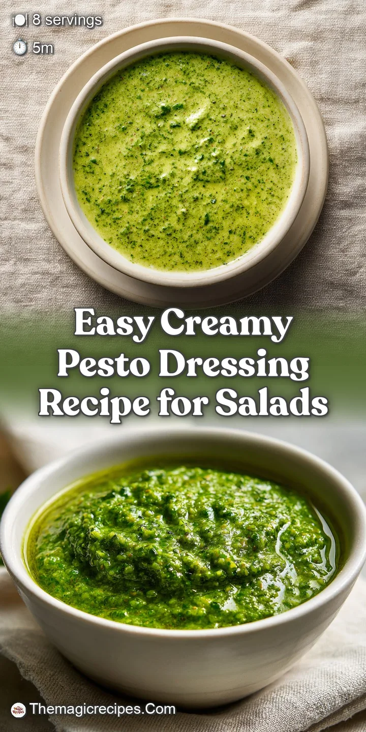Close-up of creamy, bright green pesto dressing, flecked with parmesan cheese and fragrant herbs, drizzled luxuriously.