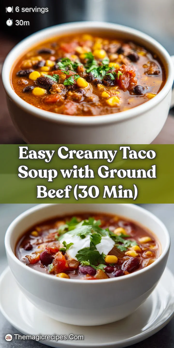 Close-up of rich, textured taco soup; swirls of cream and melted cheese create a decadent, comforting and flavorful appear...