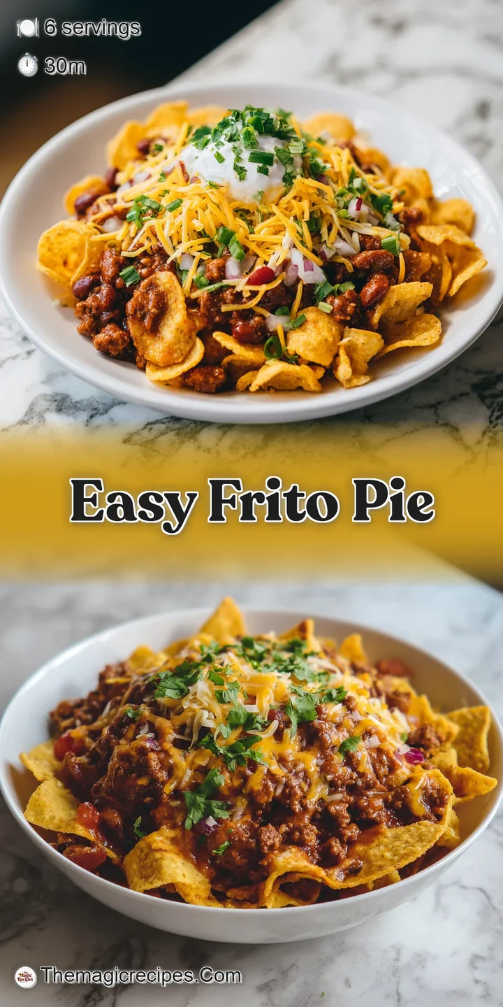 Close-up reveals the warm, inviting texture of Frito pie: layers of cheese, chili, and salty, crisp corn chips.