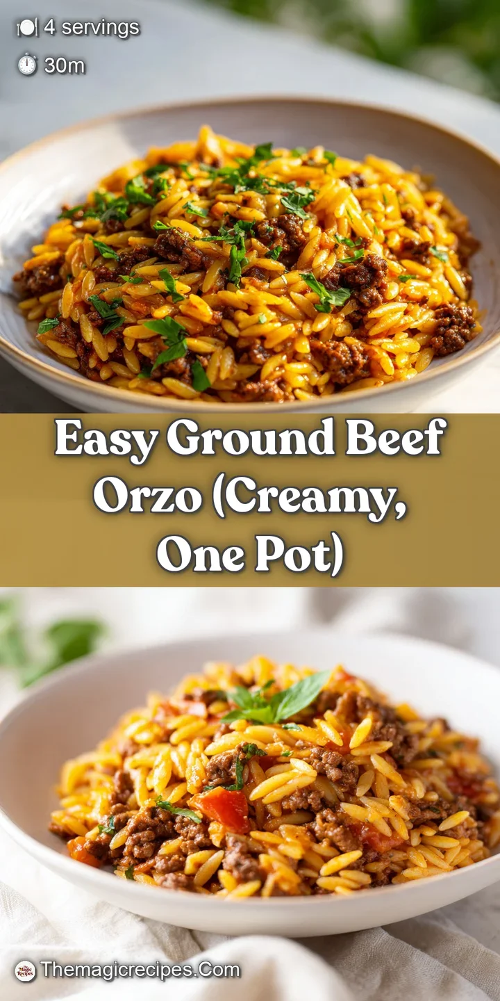 Close-up shows perfectly cooked orzo pasta, browned ground beef, and creamy sauce. Fresh herbs add a burst of color and fr...