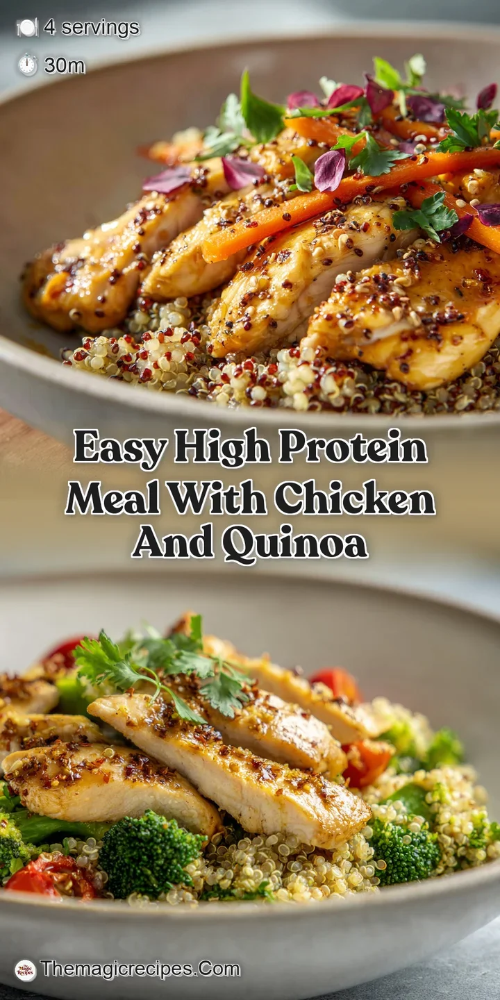 Close-up of glistening quinoa mixed with tender chicken. Textures of fresh herbs and a creamy sauce are visible.