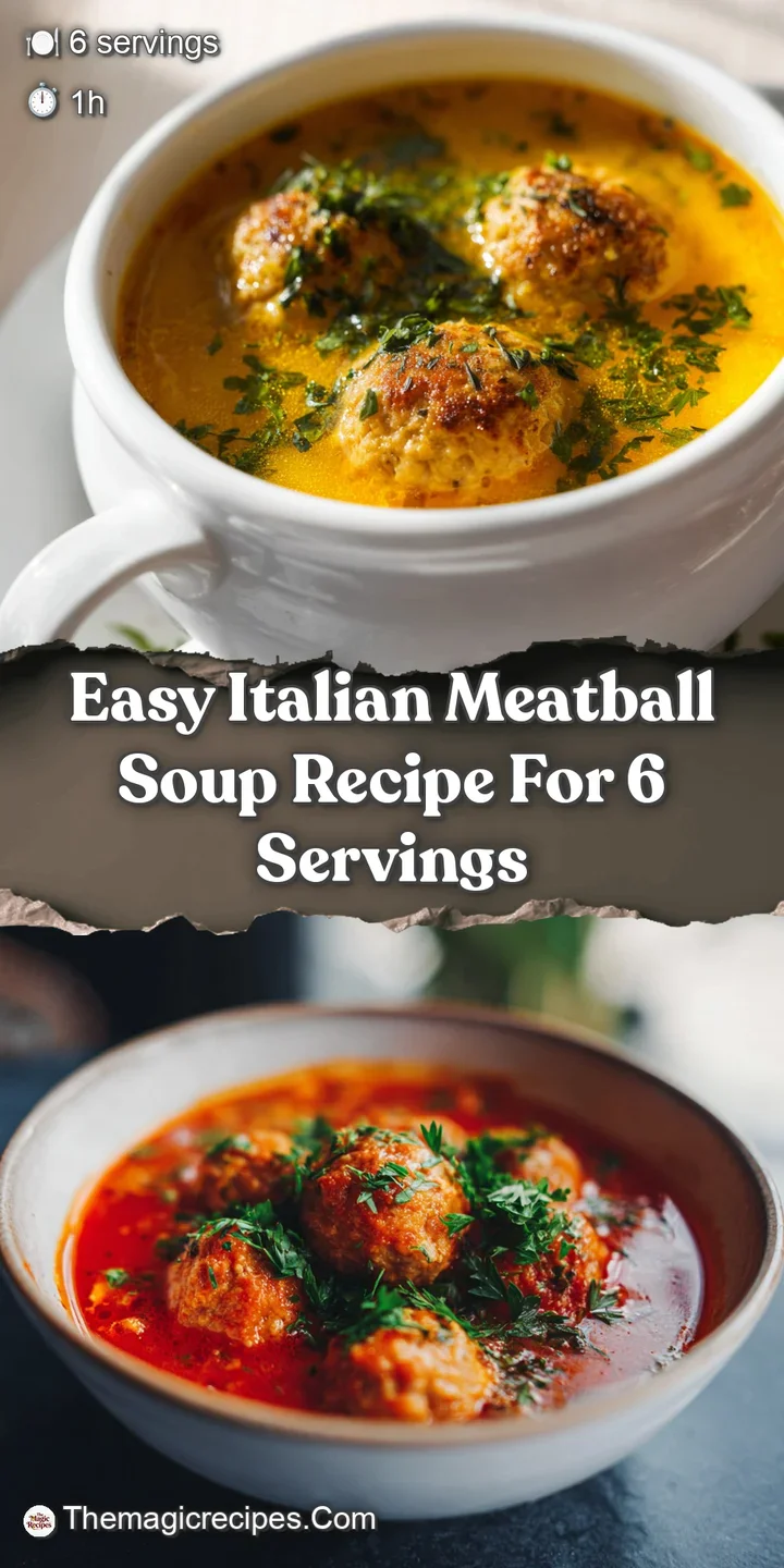 Close-up of flavorful Italian meatball soup, showing tender meatballs, pasta, and bright vegetables in a savory tomato broth.