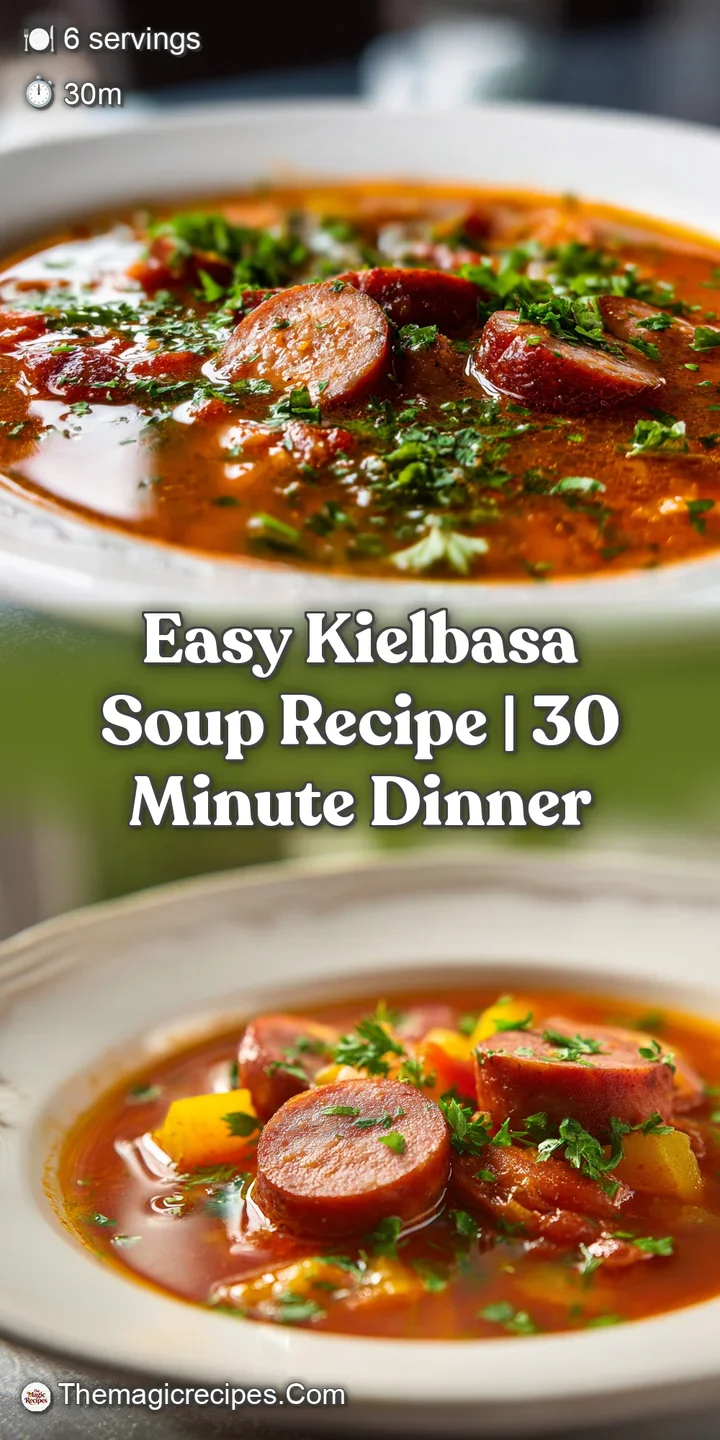 Close-up of savory kielbasa soup featuring smoky sausage, soft potatoes, and a glistening broth, hinting at a comforting w...