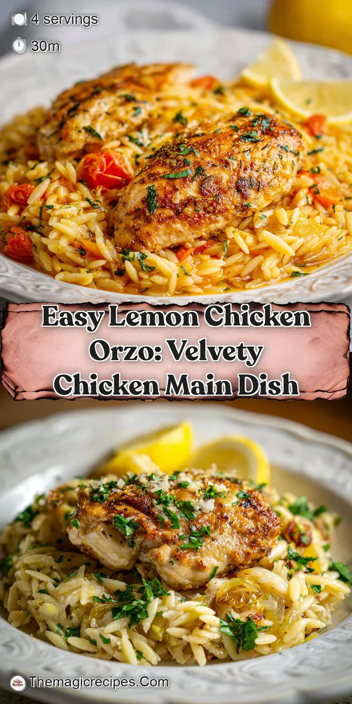 Close-up of glistening lemon chicken orzo. Notice the textures of tender chicken, pearled pasta, and the bright specks of ...
