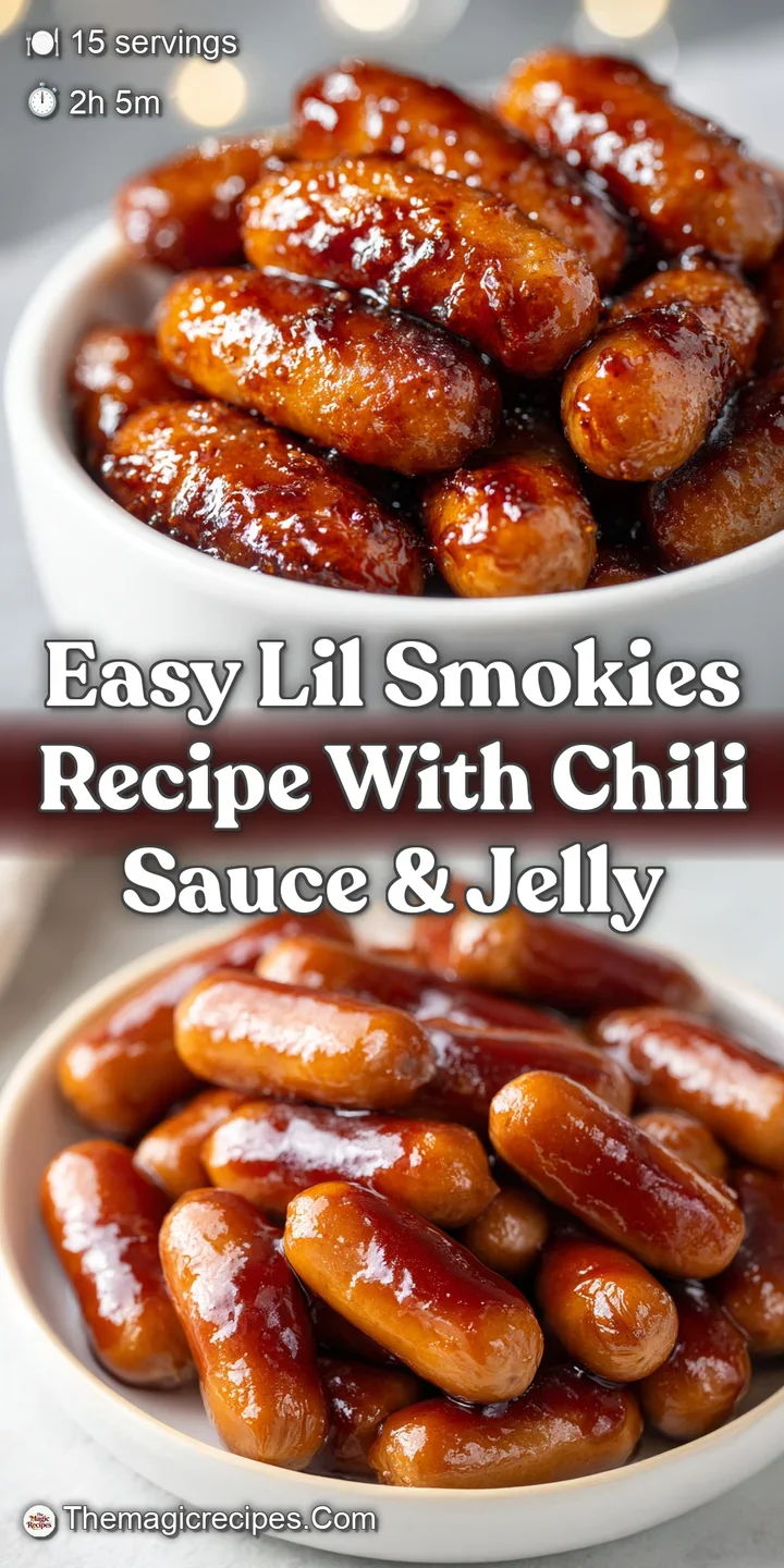 Close-up of succulent little sausages coated in a sweet chili glaze. The glaze reflects the light, showing a rich, amber c...