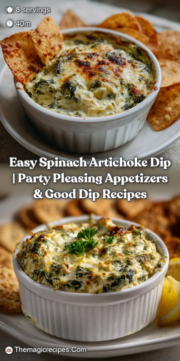 Close-up of a bubbling, cheesy spinach artichoke dip, with visible artichoke hearts and flecks of green herbs. A rich and ...
