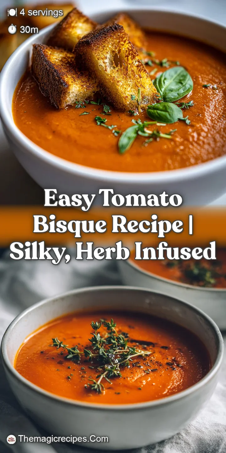 Close-up of creamy tomato bisque with a velvety texture. Fresh herbs provide a pop of green, rich red color, enticing and ...