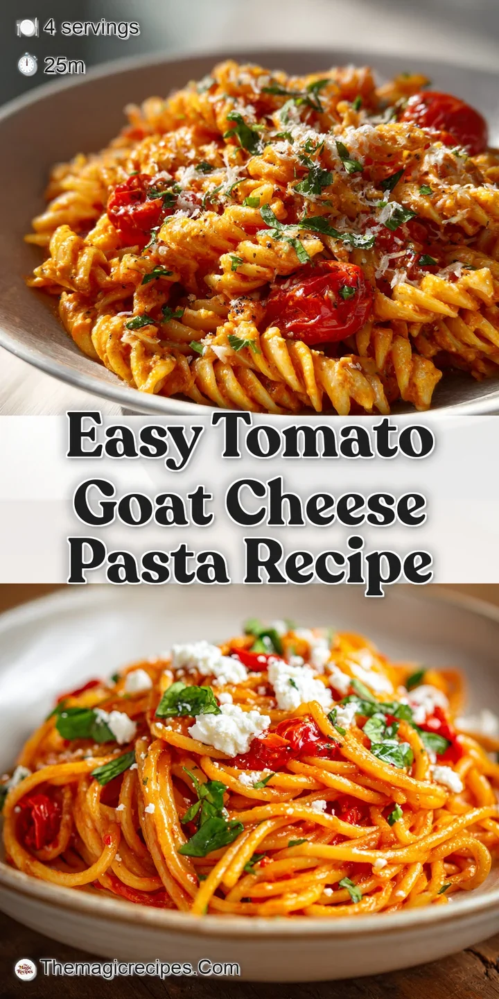 Close-up of glistening tomato pasta with melted goat cheese creating a rich, creamy sauce and pops of green basil.