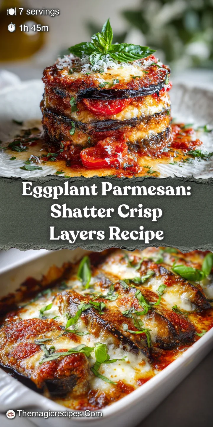 Close-up shows the rich, bubbling cheese and crispy edges of an eggplant parmesan, creating an irresistible texture.
