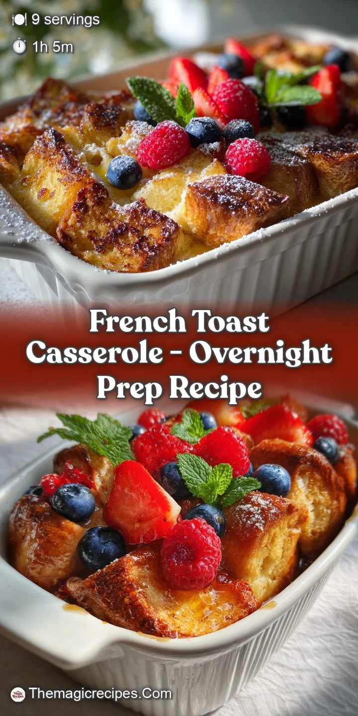 Close-up on French toast casserole: crusty edges, soft interior, and glistening syrup catch the light, hinting at a sweet,...