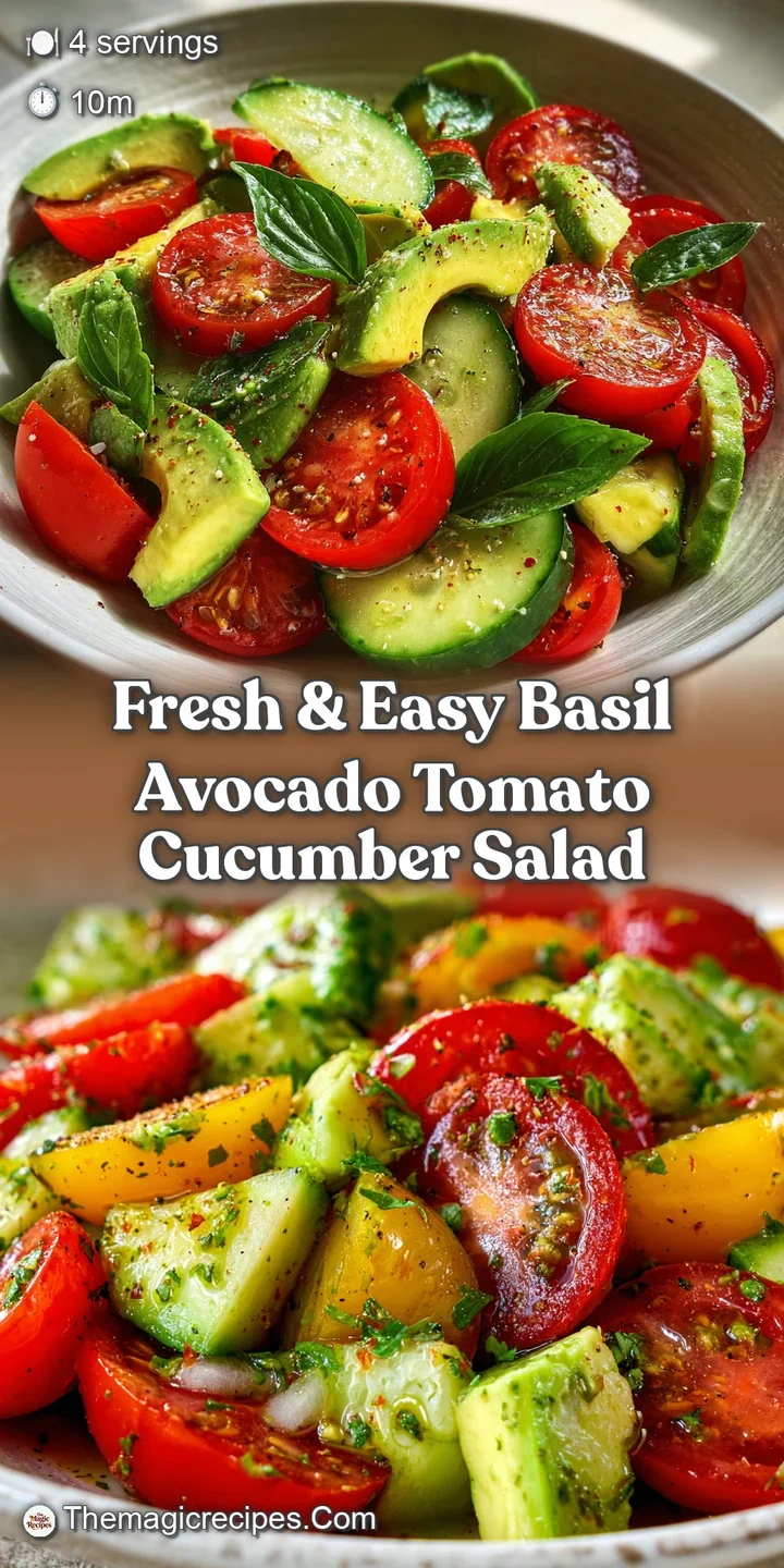 Close-up shot of a refreshing salad showcasing ripe tomatoes, creamy avocado, and crisp cucumber. Fresh basil leaves add a...