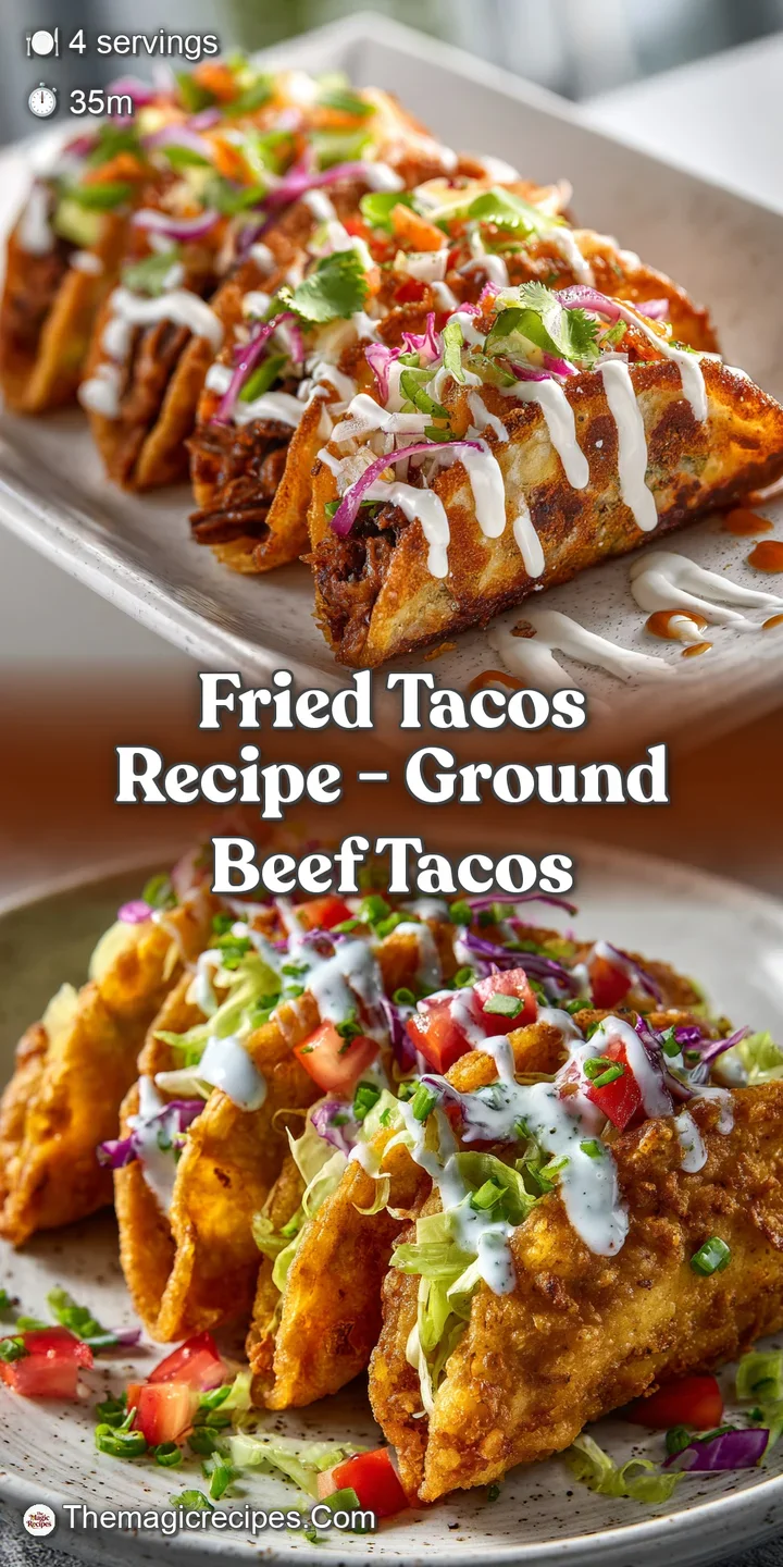 Close-up of a fried taco showcasing the crispy, bubbly shell, juicy beef filling, & vibrant green lettuce. Hints of melted...