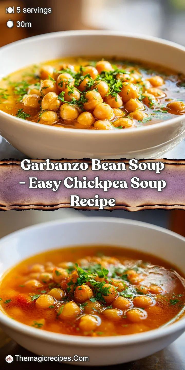 Close-up of tender garbanzo beans in a rich, savory broth with hints of paprika and garlic.