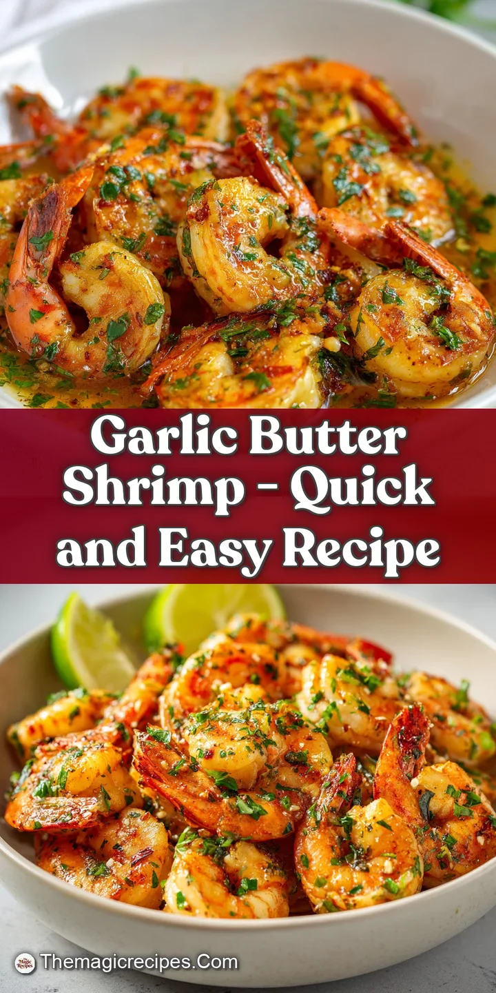 Close-up of succulent shrimp coated in a glistening garlic butter sauce. The texture looks tender and flavorful, herbs add...