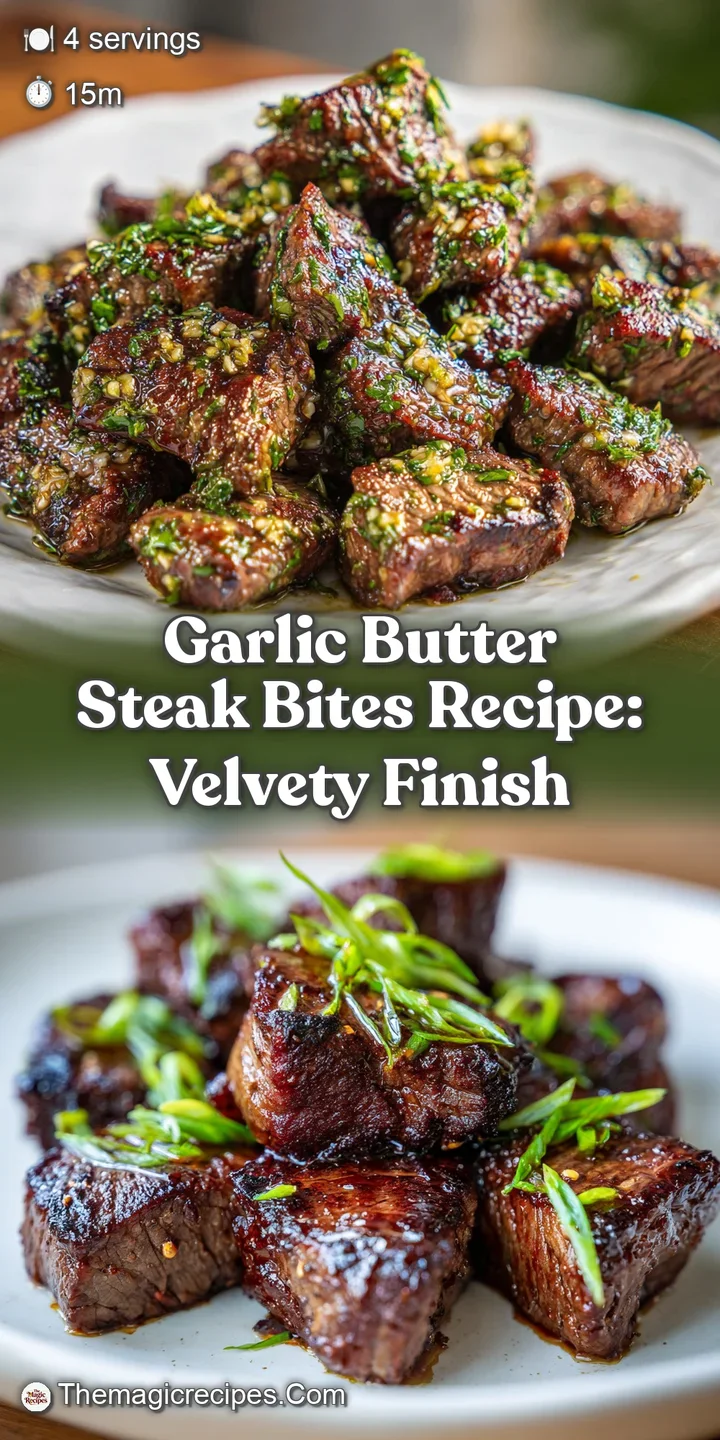 Close-up: juicy steak bites with golden-brown crust, coated in a rich, savory garlic butter sauce. So tempting!
