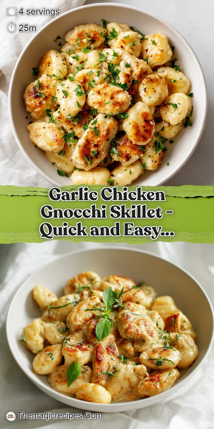 Close-up of tender chicken and pillowy gnocchi glistening in a rich, creamy garlic sauce. Hints of spinach add color and f...