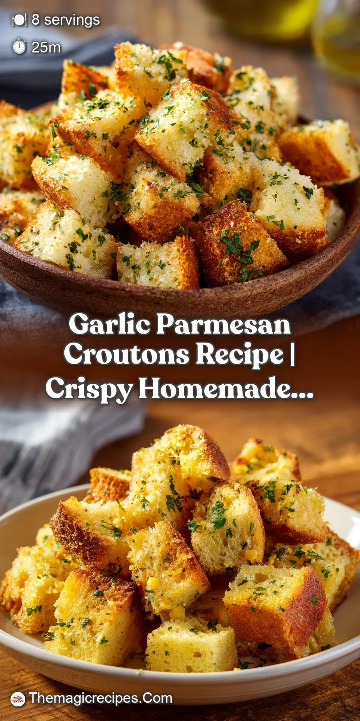 Close-up shows the craggy texture and toasted edges of a garlic parmesan crouton, with visible herbs and melted cheese det...
