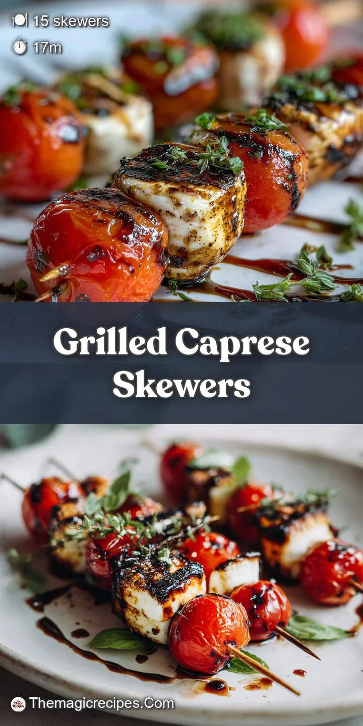 Close-up view of grilled Caprese skewers showing melted mozzarella, blistered tomatoes, and fresh basil with balsamic driz...