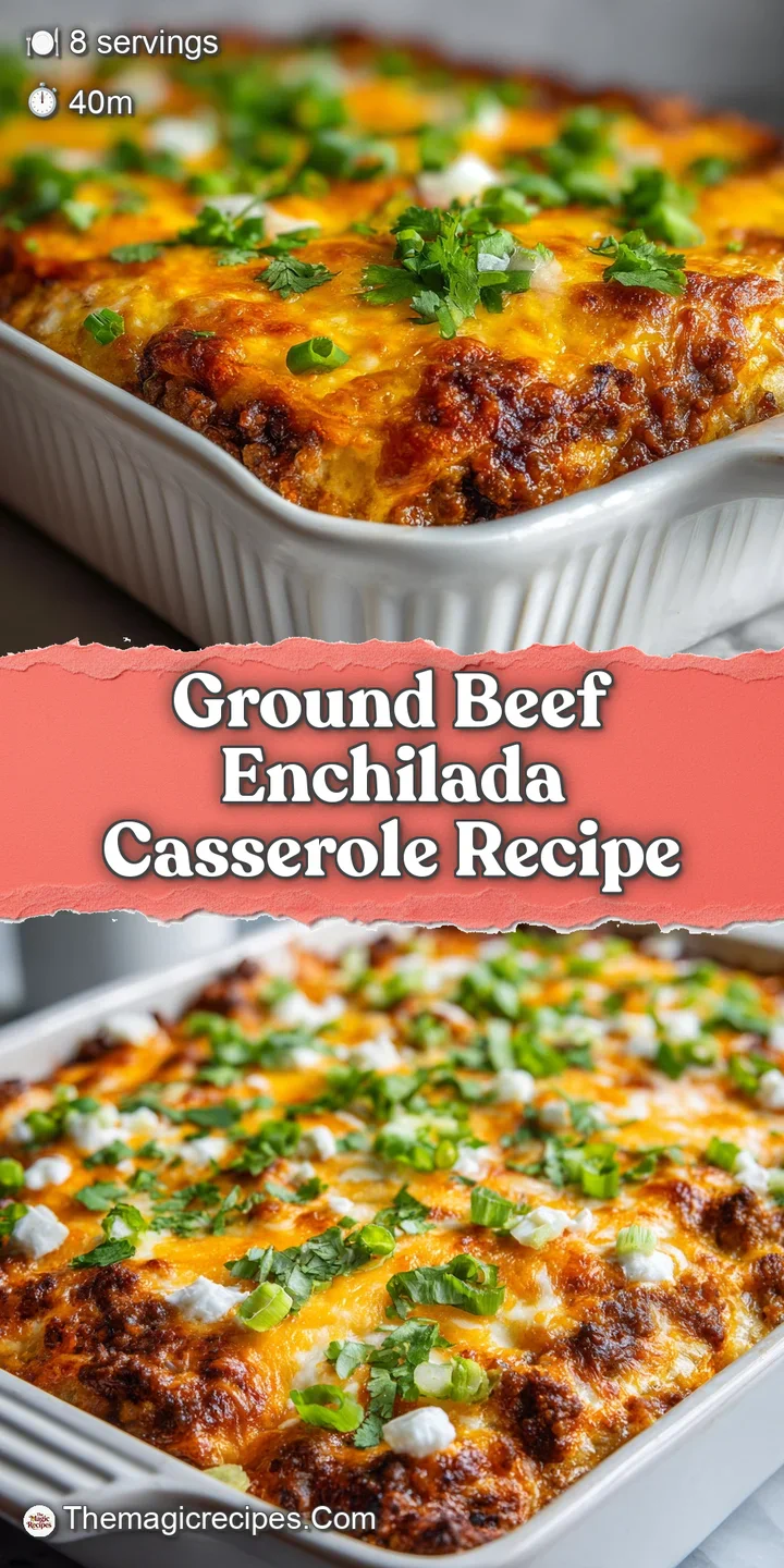 Close-up of cheesy, bubbling enchilada casserole with rich red sauce. Hints of seasoned ground beef and soft tortilla laye...