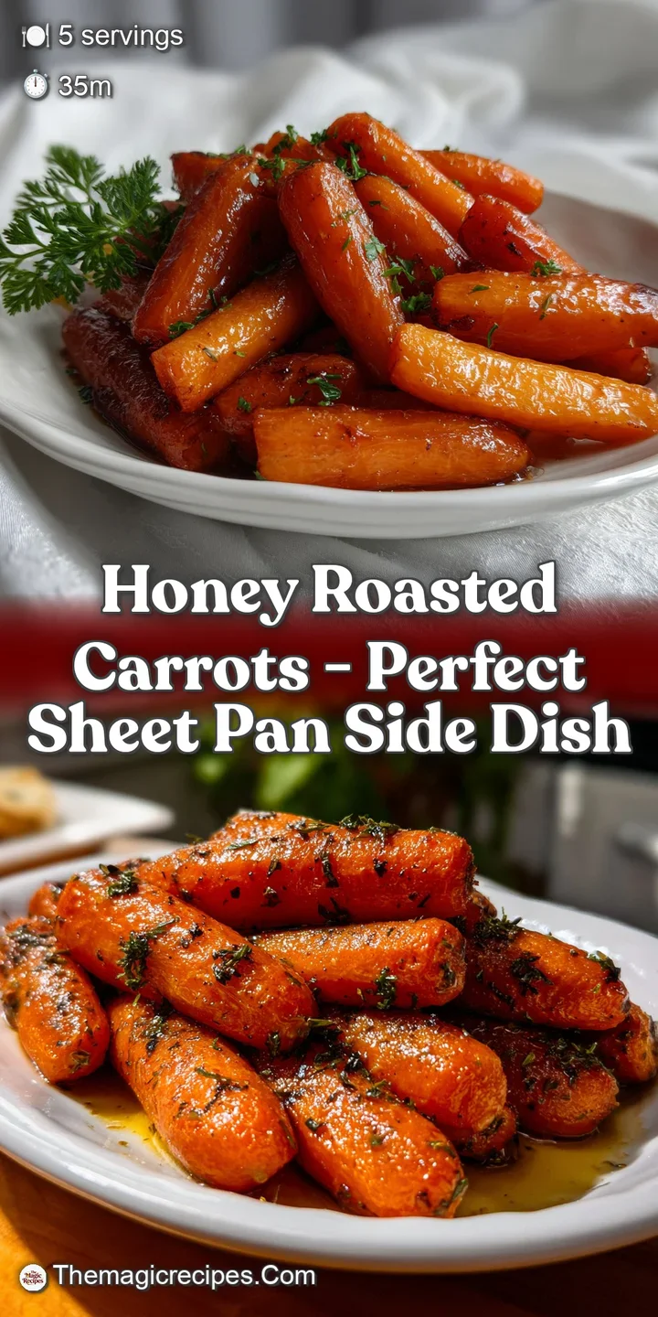 Vibrant orange carrots, glistening with a honey glaze, tender-crisp texture, garnished with fresh herbs and presented in a...