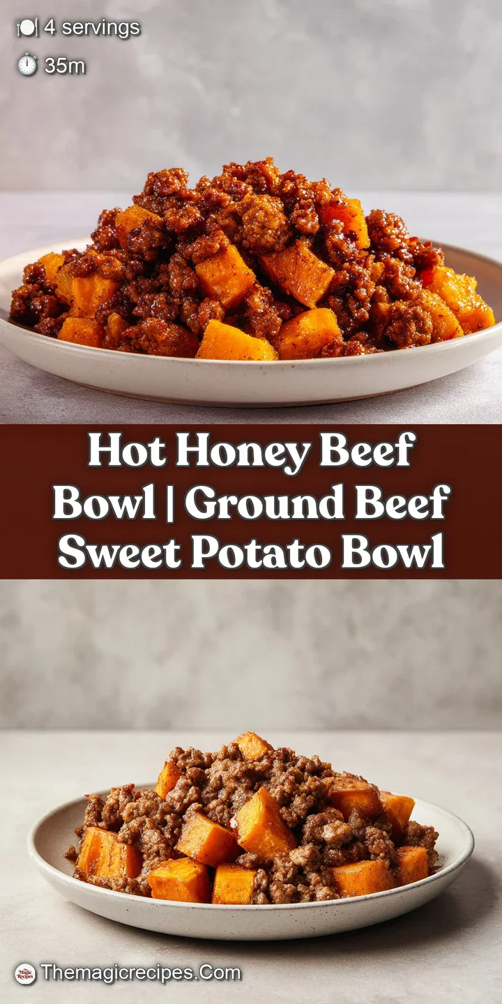 Close-up of sticky, caramelized beef and tender roasted sweet potato cubes glistening under a warm golden glaze.