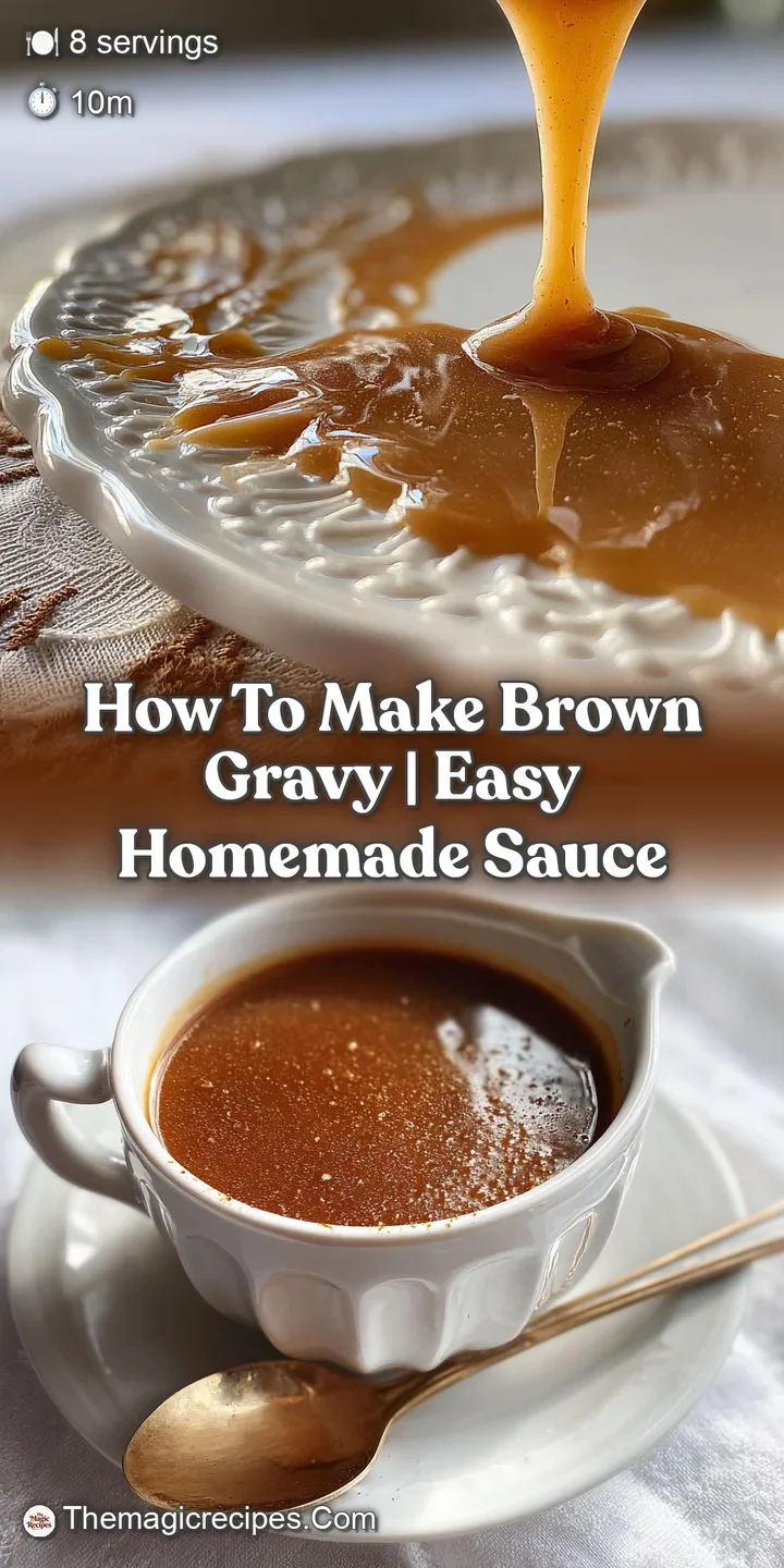 Close-up of rich, dark brown gravy. Warm steam rises, hinting at savory depth and flavor. Smooth and glistening, utterly a...