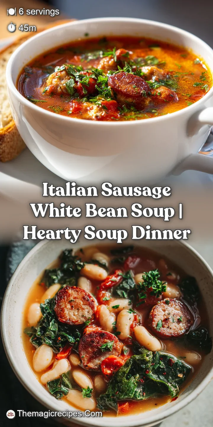 Close-up of hearty soup showcasing plump white beans, browned sausage, and bits of kale in a rich, flavorful broth. Inviti...