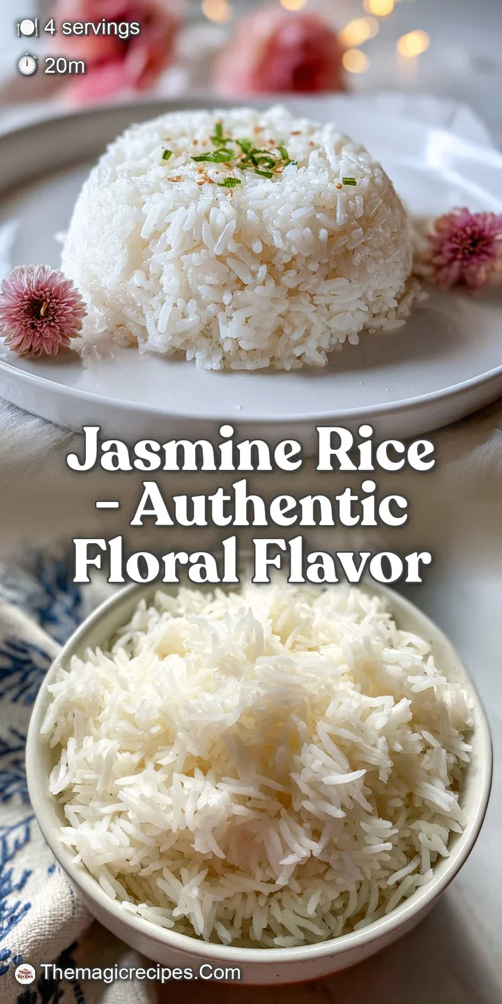 Close-up of perfectly cooked jasmine rice, revealing individual grains with a soft, slightly sticky texture. Subtle sheen ...