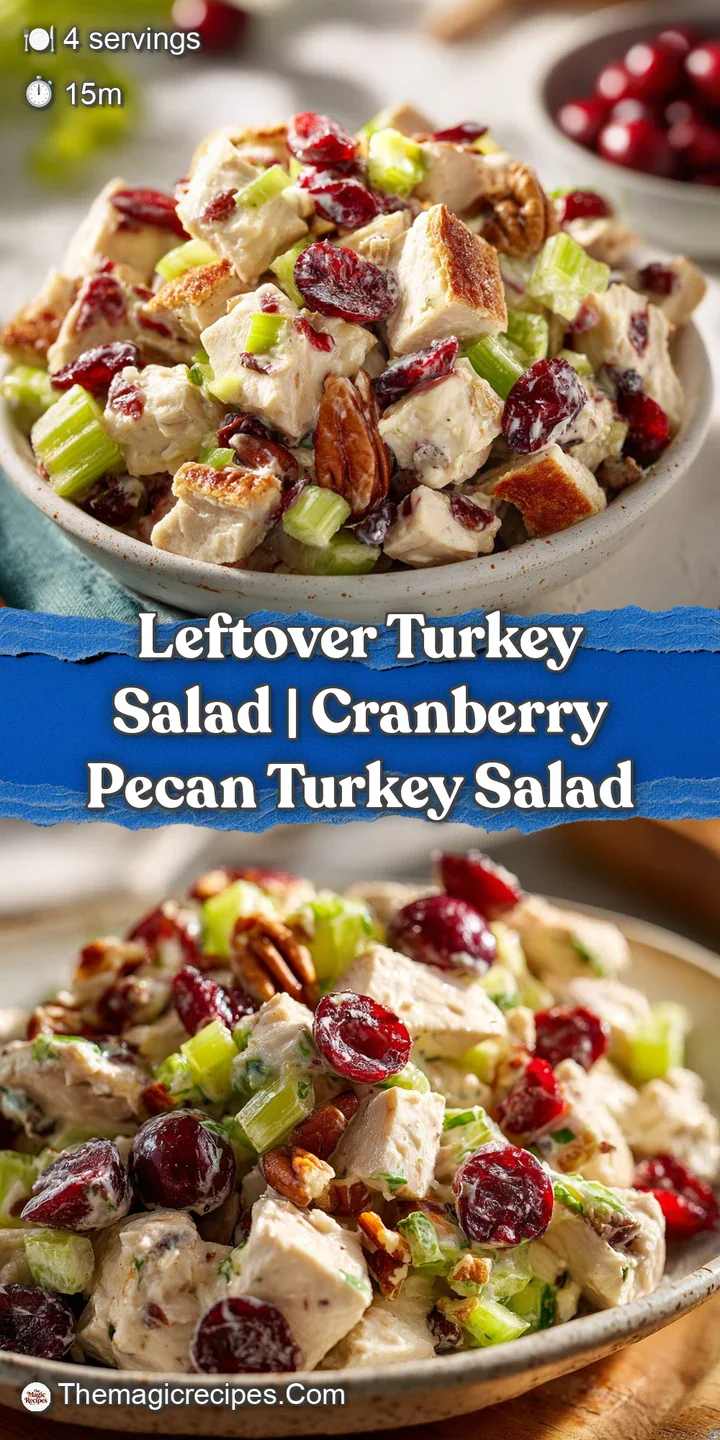 Close-up of tender roasted turkey cubes mixed with glossy red cranberries and craggy toasted pecans in a creamy glaze.