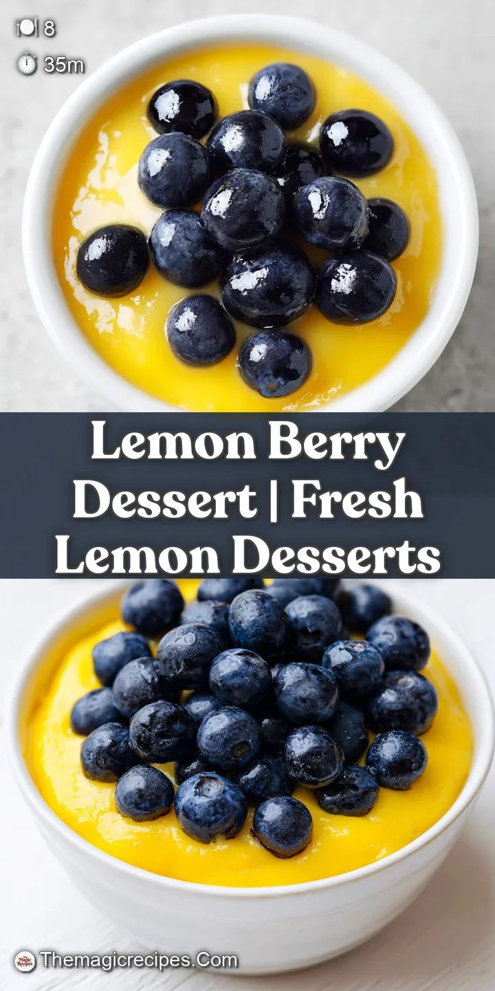 Close-up of zesty yellow lemon curd topped with juicy, glistening berries and a dusting of powdered sugar.