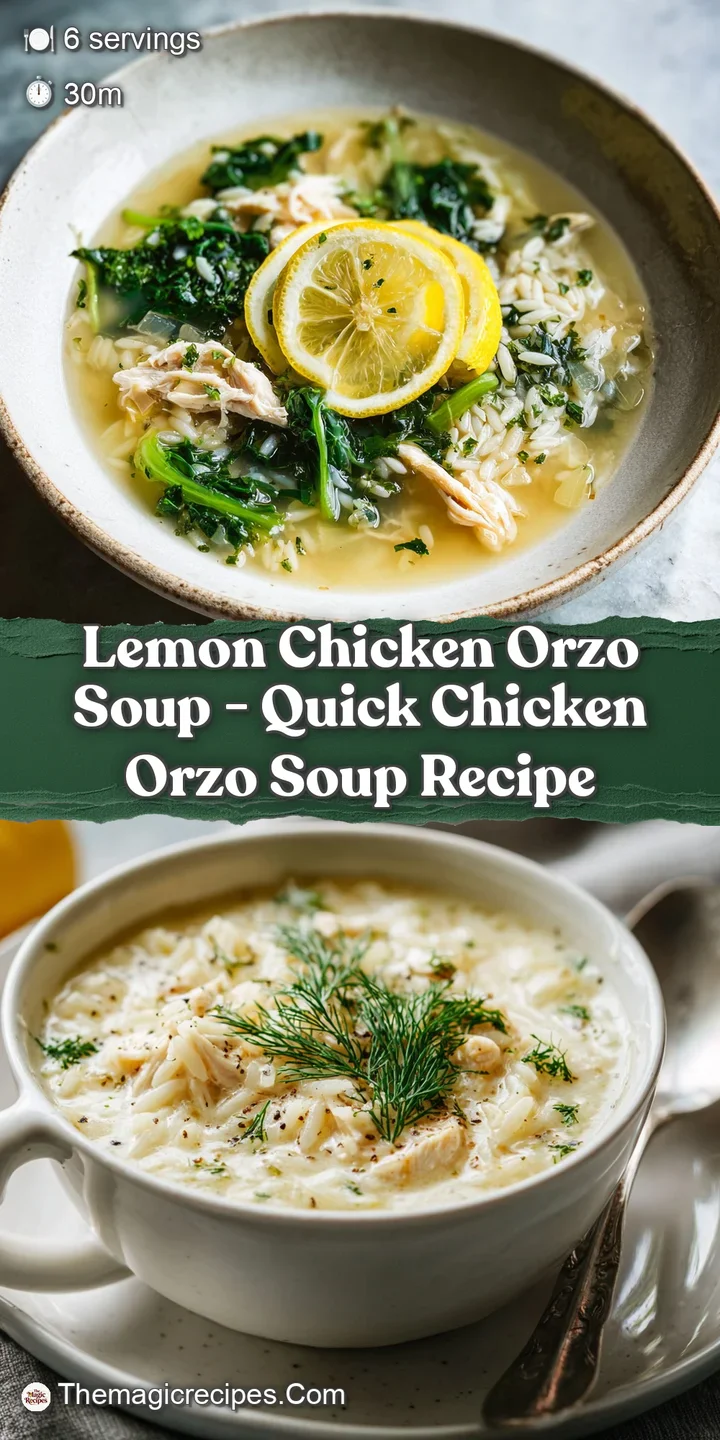 Close-up of lemon chicken orzo soup, showcasing the juicy chicken, plump orzo, and glistening broth. Sprinkled with fresh ...