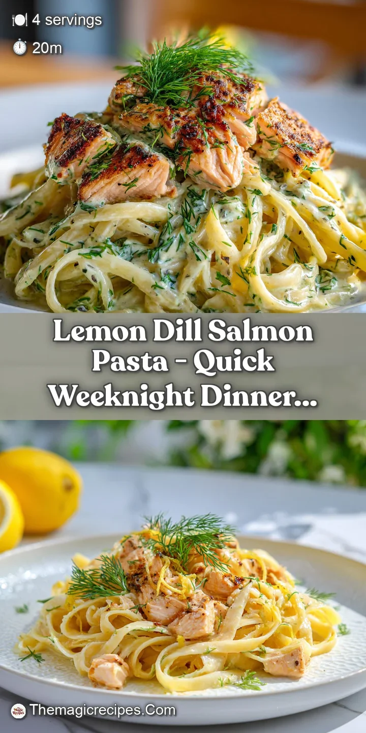 Close-up shows glistening, tender salmon and pasta coated in a rich, creamy sauce flecked with fresh dill and lemon.