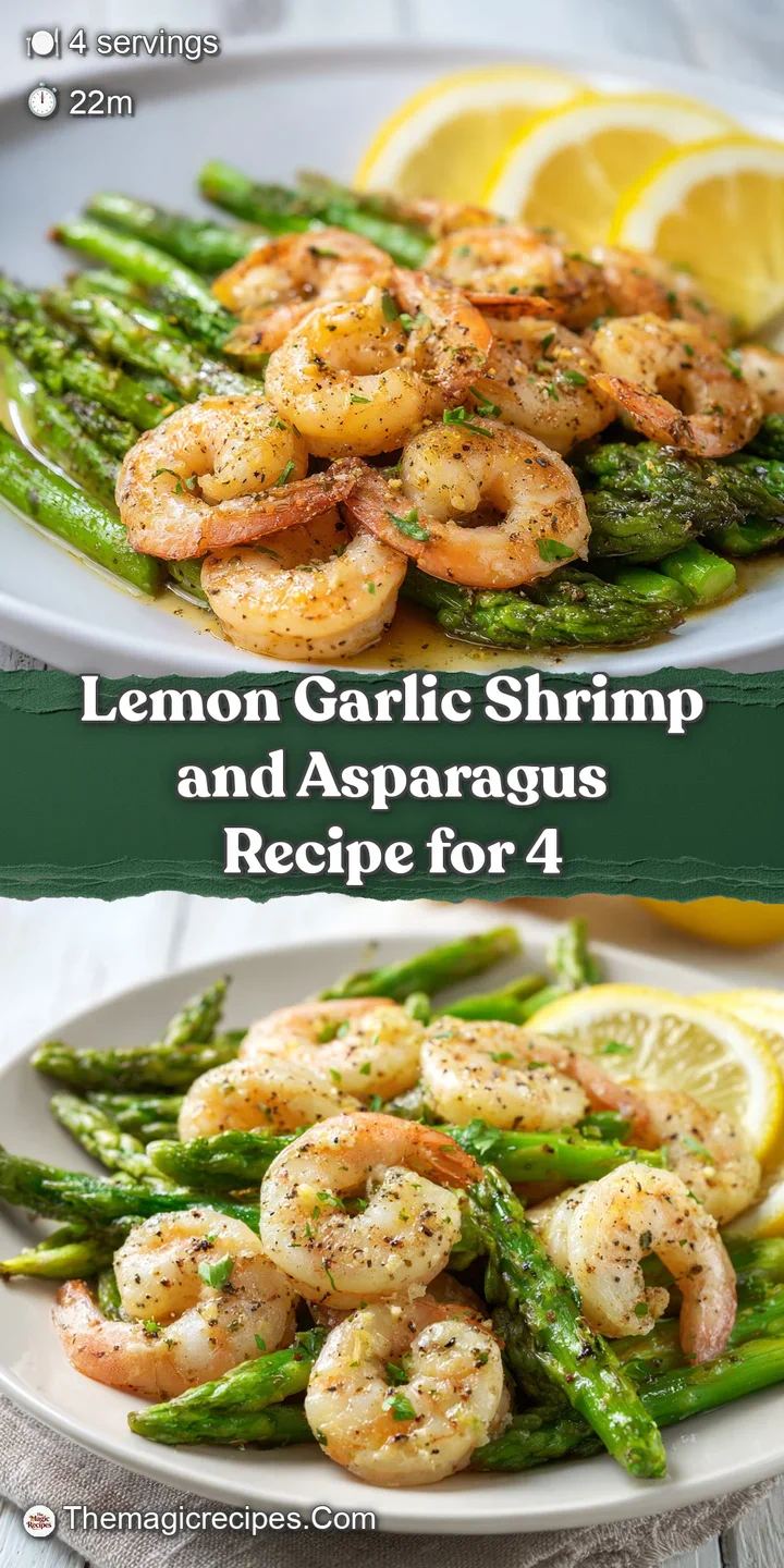 Close-up of juicy shrimp and tender asparagus, glistening with a savory lemon-garlic sauce, inviting a bite.