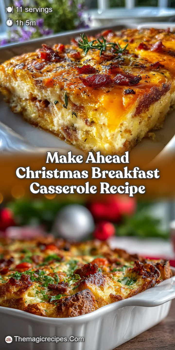 Close-up of a Christmas breakfast casserole reveals layers of fluffy eggs, savory sausage, and melted cheese with crispy b...