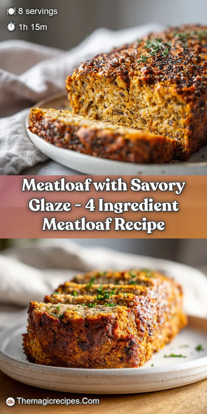 Close-up of a thick, juicy meatloaf slice, showing its rustic texture and a rich, glossy glaze catching the light.