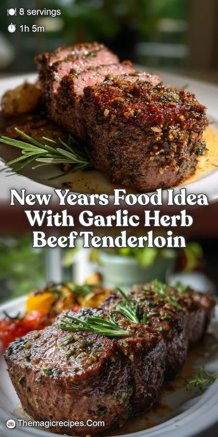 Close-up of juicy beef tenderloin, glistening with garlic herb marinade, revealing a tender, pink center with the enticing...