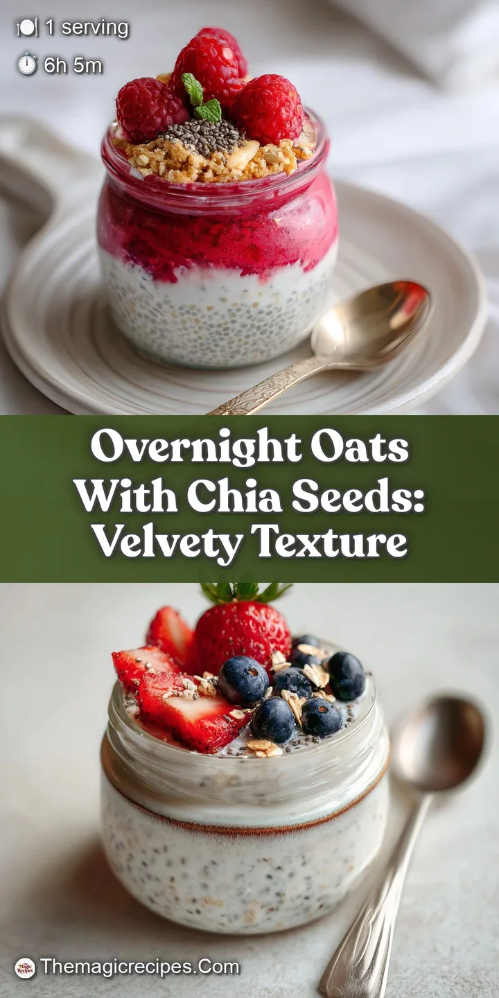 Close-up of creamy overnight oats glistening with fresh blueberries, raspberries, and a sprinkle of nutritious chia seeds.